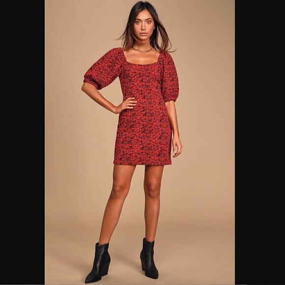 Free People Sunset Mini Dress L NWT Red Multi Print Puff Sleeve Bodycon Stretch - Picture 3 of 11